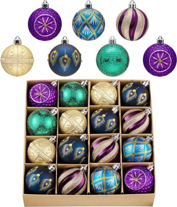 Valery Madelyn Christmas Ball Ornaments, 16ct Peacock Blue Purple Green Shatterproof Christmas Tree Decorations Set, 2.36 Inch Decorative Hanging Ornament Bulk for Xmas Holiday Party Decor