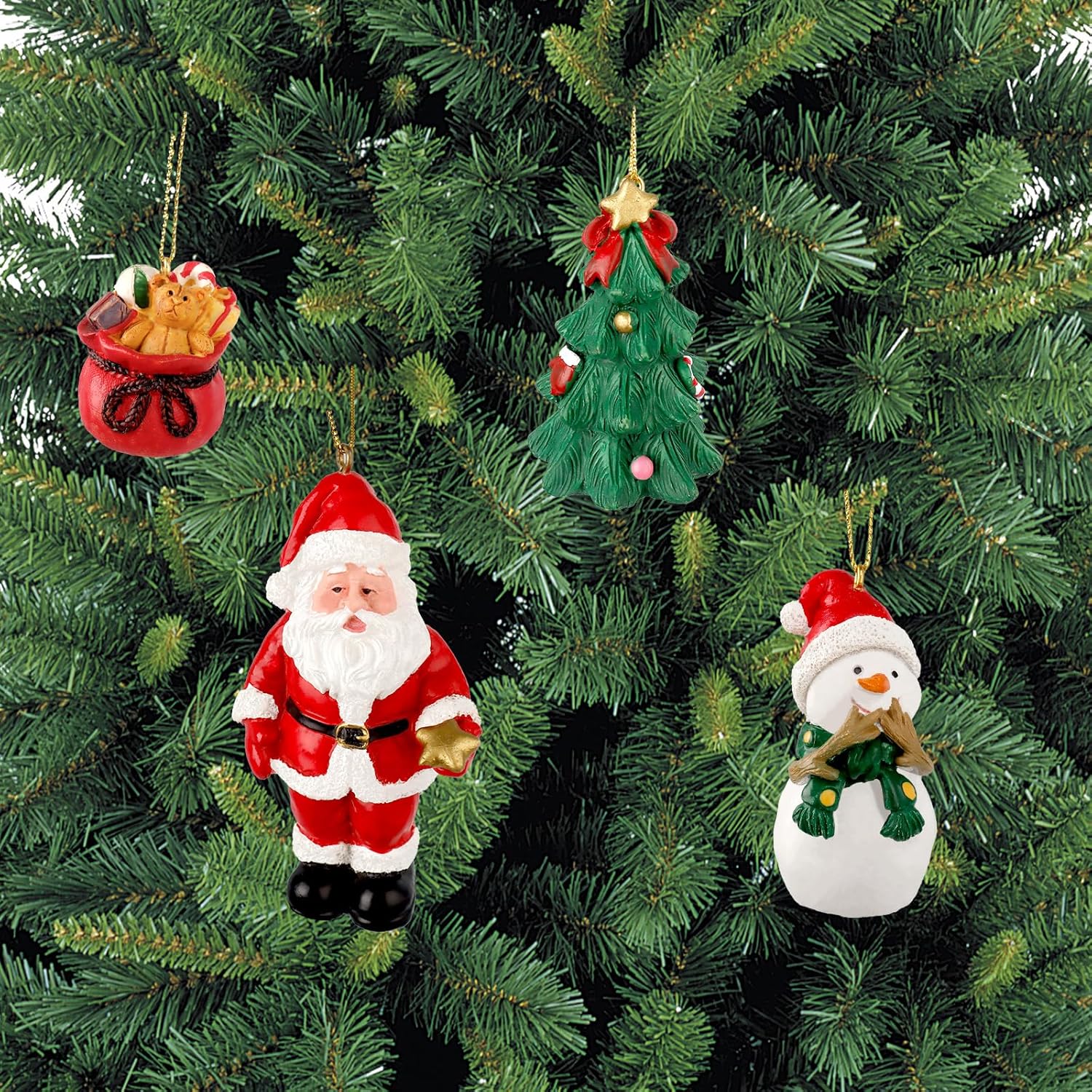 Hiawbon 4PCS Christmas Tree Ornaments, Resin Santa Snowman Christmas Tree Bags Ornaments, Xmas Hanging Ornaments, Santa Decorative Hanging Ornaments for Christmas Holiday Home