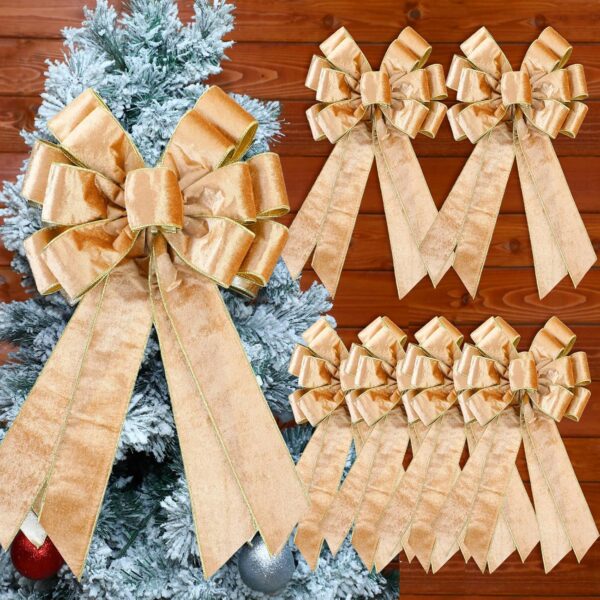 Yinkin 6 Pack Christmas Wreath Bows 11.4" x19.6" Big Velvet Bows for Front Door Holiday Bow Knots Tree Topper Bows for Winter Xmas Party Porch Mailbox Indoor Outdoor Decor (Champagne Gold)