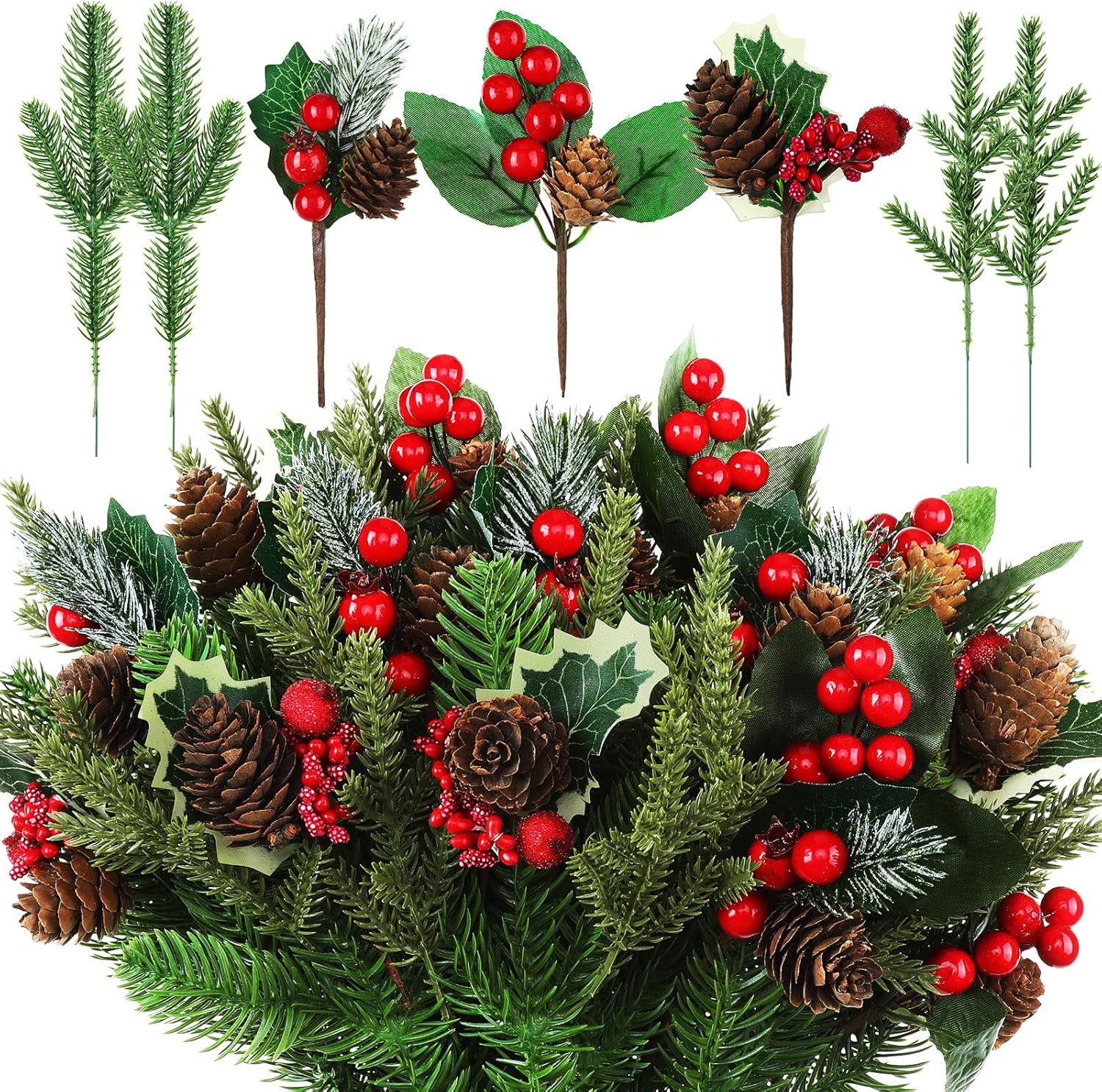 60 Pcs Christmas Artificial Green Pine Needles, Christmas Floral Picks Artificial Holly Red Berry Twig Stem Pine Snowy Cone Branches Garland Bulk for Xmas Tree Craft Holiday Winter (Charming Style)