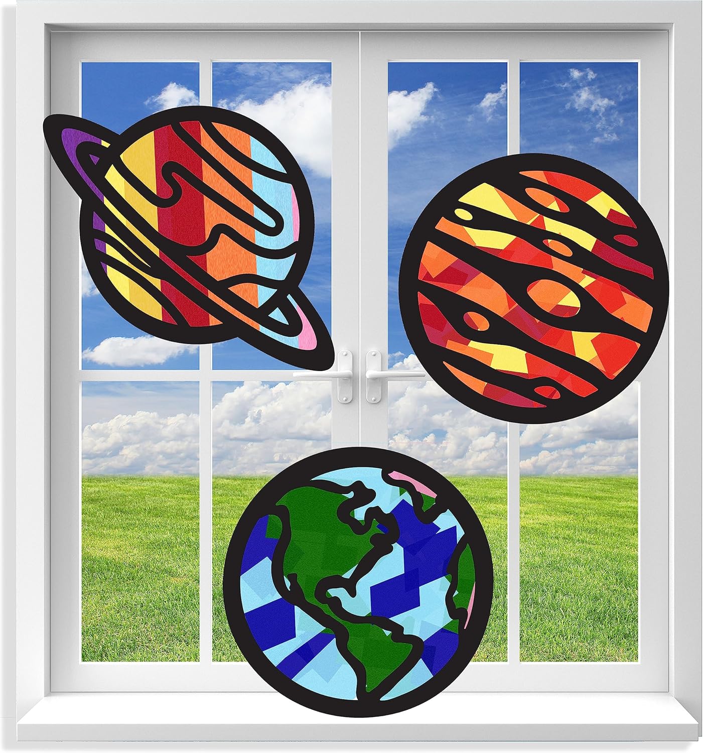 Suncatchers Craft 3 Sets (9 Cutouts) w Tissue Papers Stained Glass Effect Paper Sun Catcher Kit, Window Art, Classroom Crafts, Creative Art Projects, Kids Party Favors (Planet)