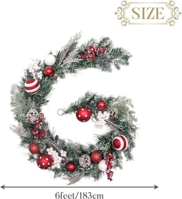 Valery Madelyn 6 feet Pre-Lit Christmas Garland with Lights for Mantle, Lighted Battery Operated Xmas Garland with Red White Balls for Front Door Fireplace Table Centerpiece Outdoor Window Home Decor - Image 6