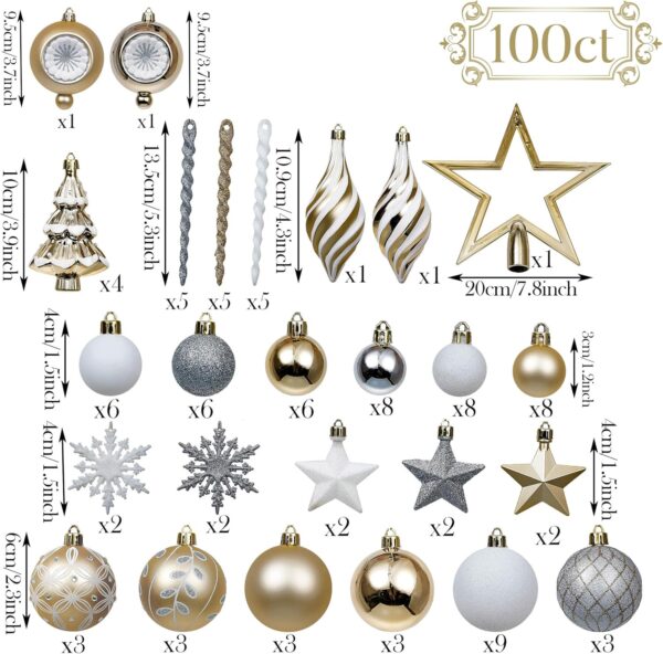 Valery Madelyn Christmas Ball Ornaments, 100ct White and Gold Shatterproof Christmas Tree Decorations Set, Elegant Hanging Ornaments for Xmas Trees Bulk Holiday Decor - Image 3